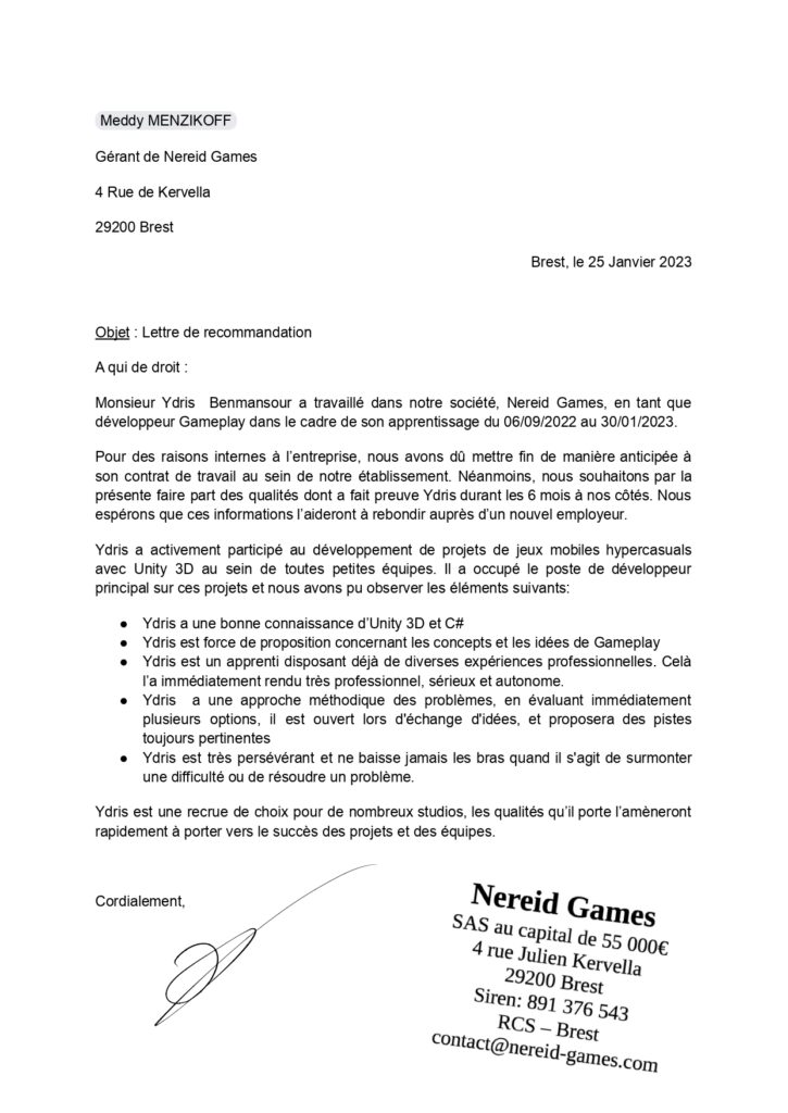 Lettre Recommandation Ydris